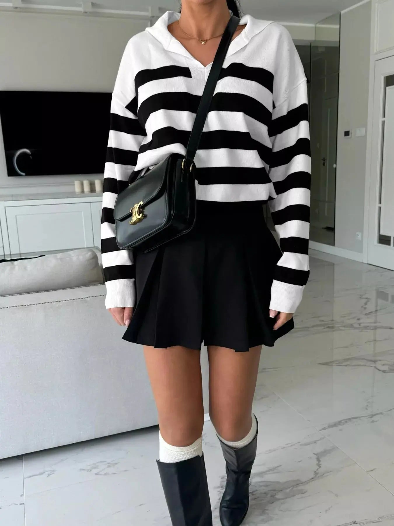 Striped Dropped Shoulder Knit Top - Charmdeals