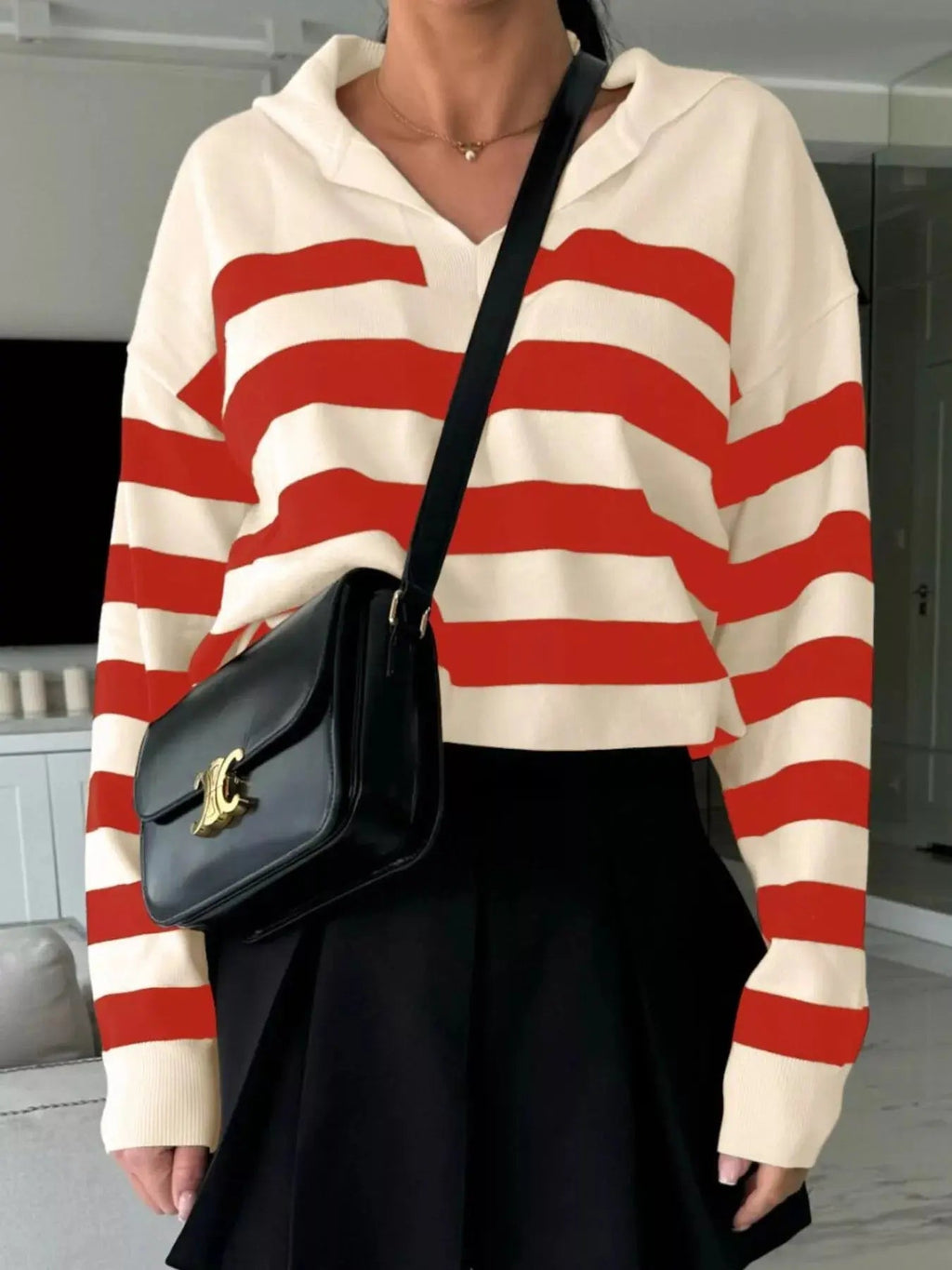 Striped Dropped Shoulder Knit Top - Charmdeals
