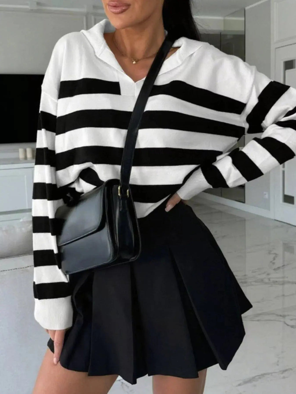 Striped Dropped Shoulder Knit Top - Charmdeals