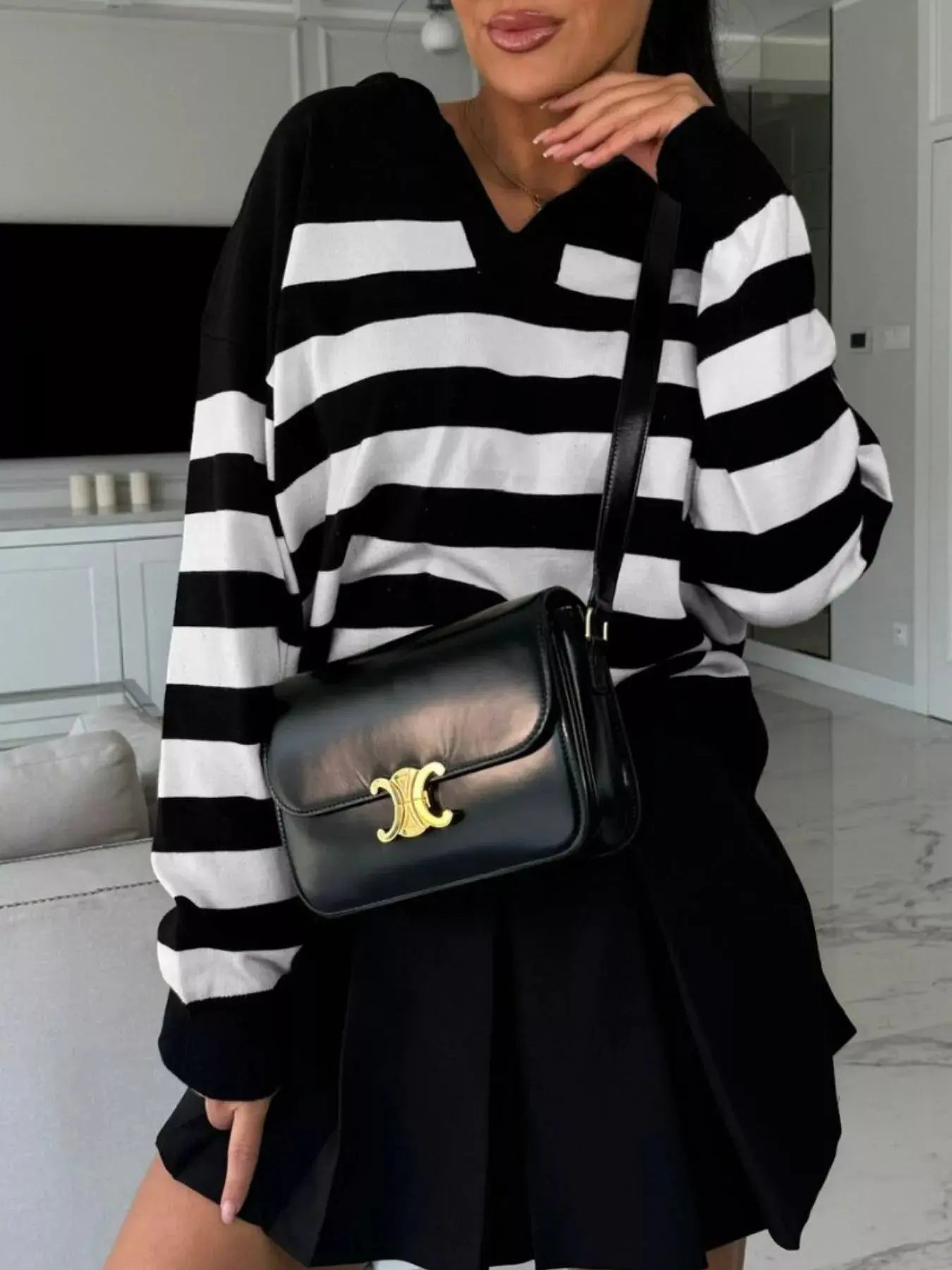 Striped Dropped Shoulder Knit Top - Charmdeals