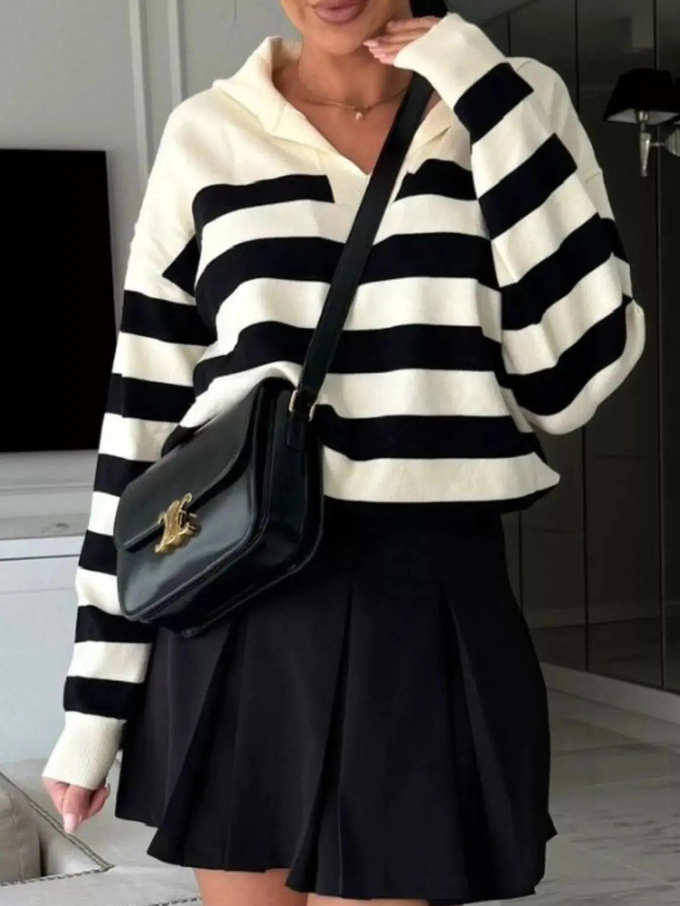 Striped Dropped Shoulder Knit Top - Charmdeals