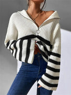 Striped Half Zip Cropped Sweater - Charmdeals