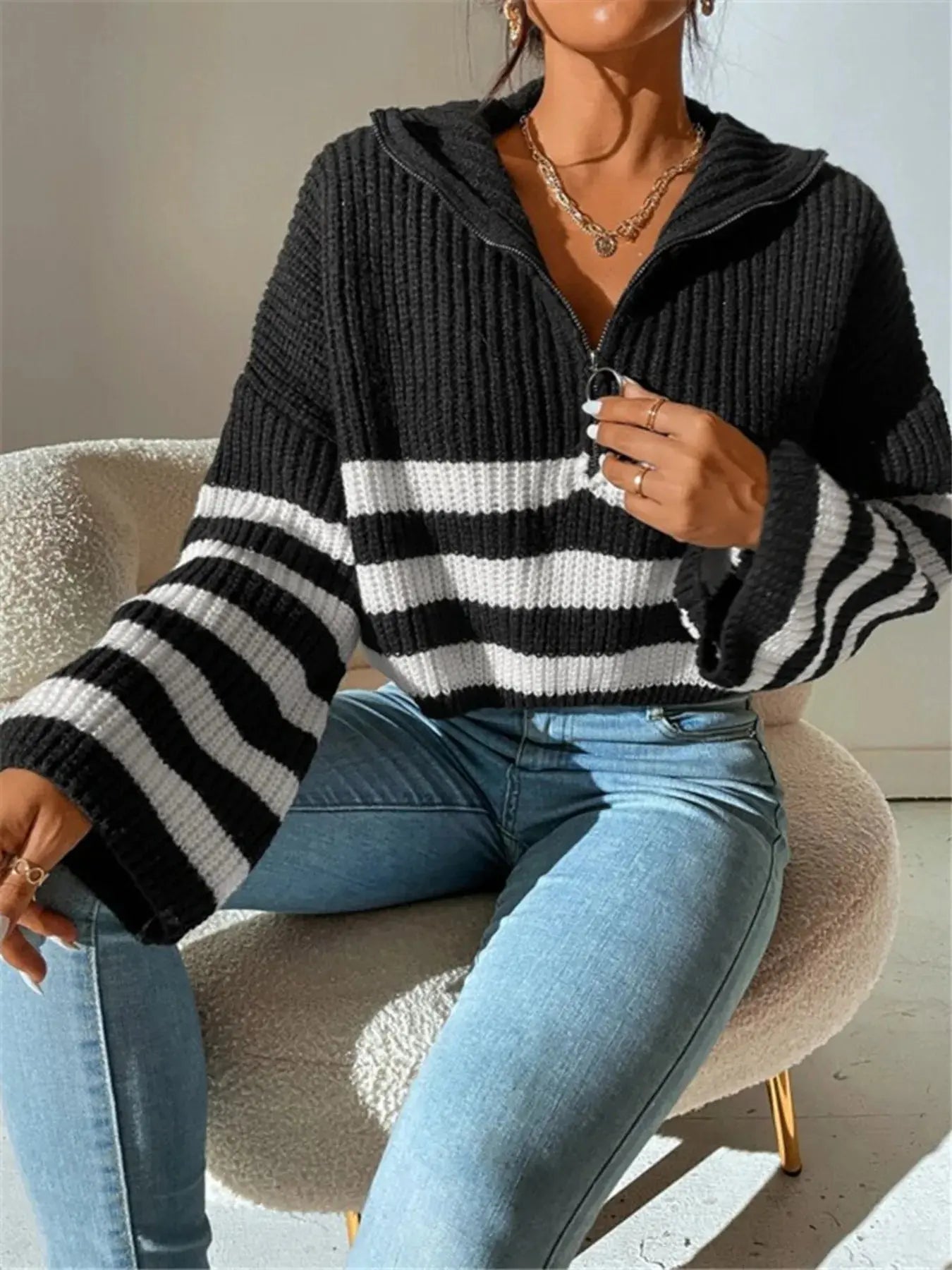 Striped Half Zip Cropped Sweater - Charmdeals