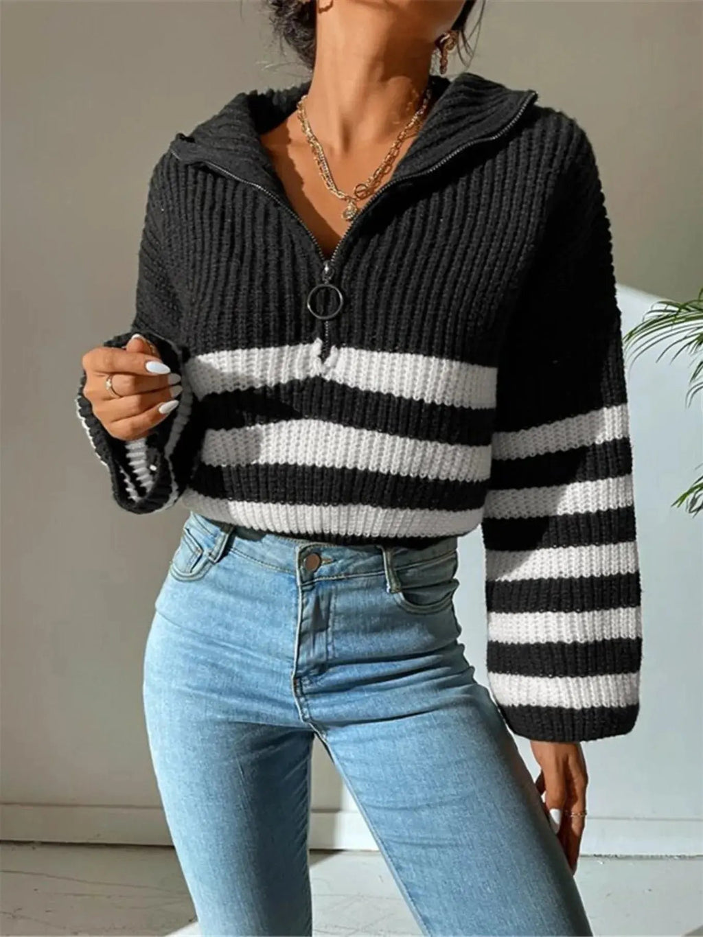 Striped Half Zip Cropped Sweater - Charmdeals