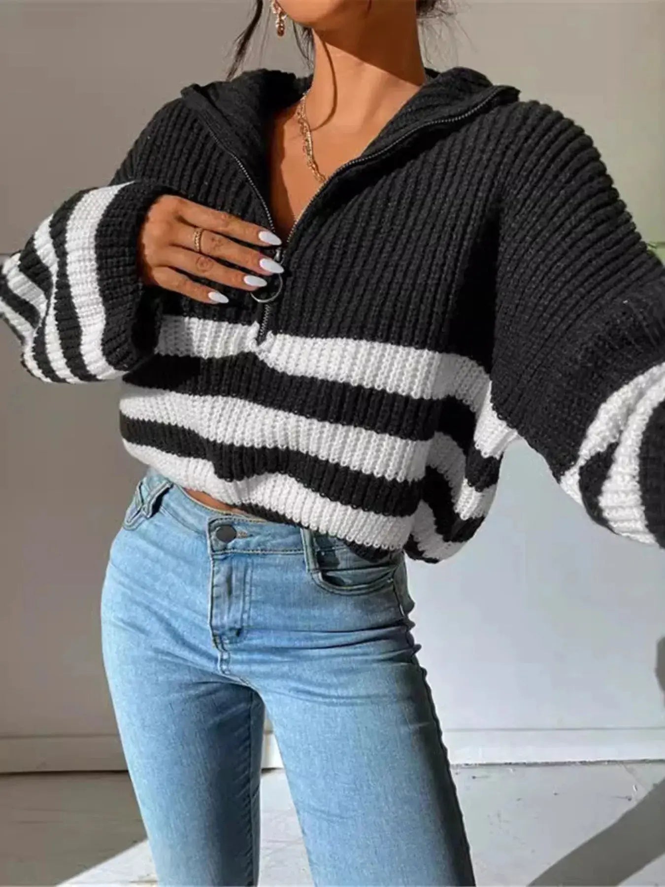 Striped Half Zip Cropped Sweater - Charmdeals
