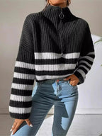 Striped Half Zip Cropped Sweater - Charmdeals