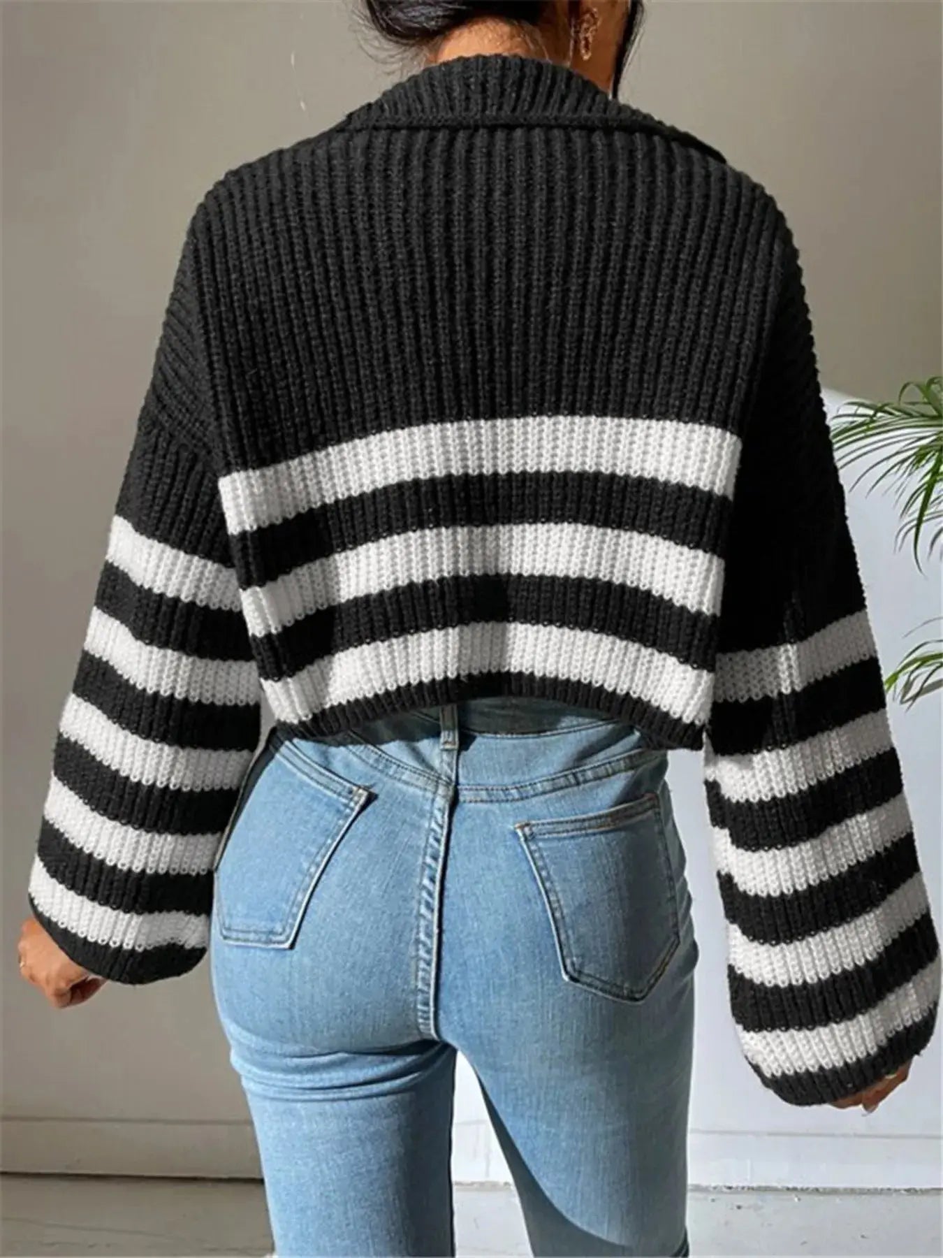 Striped Half Zip Cropped Sweater - Charmdeals