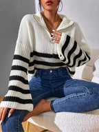 Striped Half Zip Cropped Sweater - Charmdeals