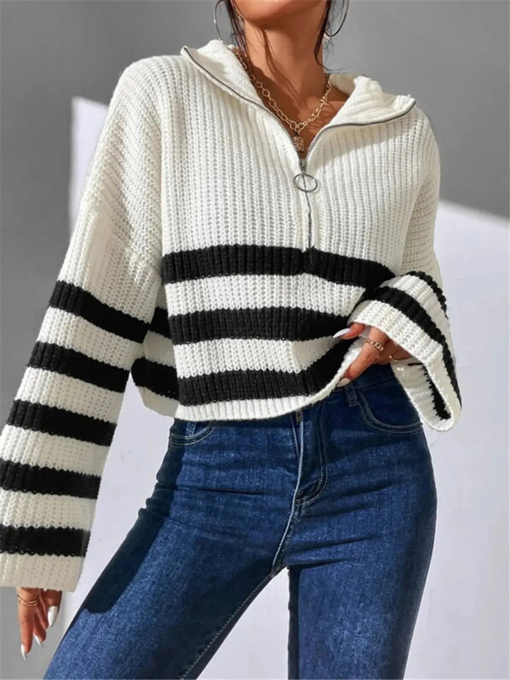 Striped Half Zip Cropped Sweater - Charmdeals