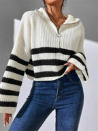 Striped Half Zip Cropped Sweater - Charmdeals