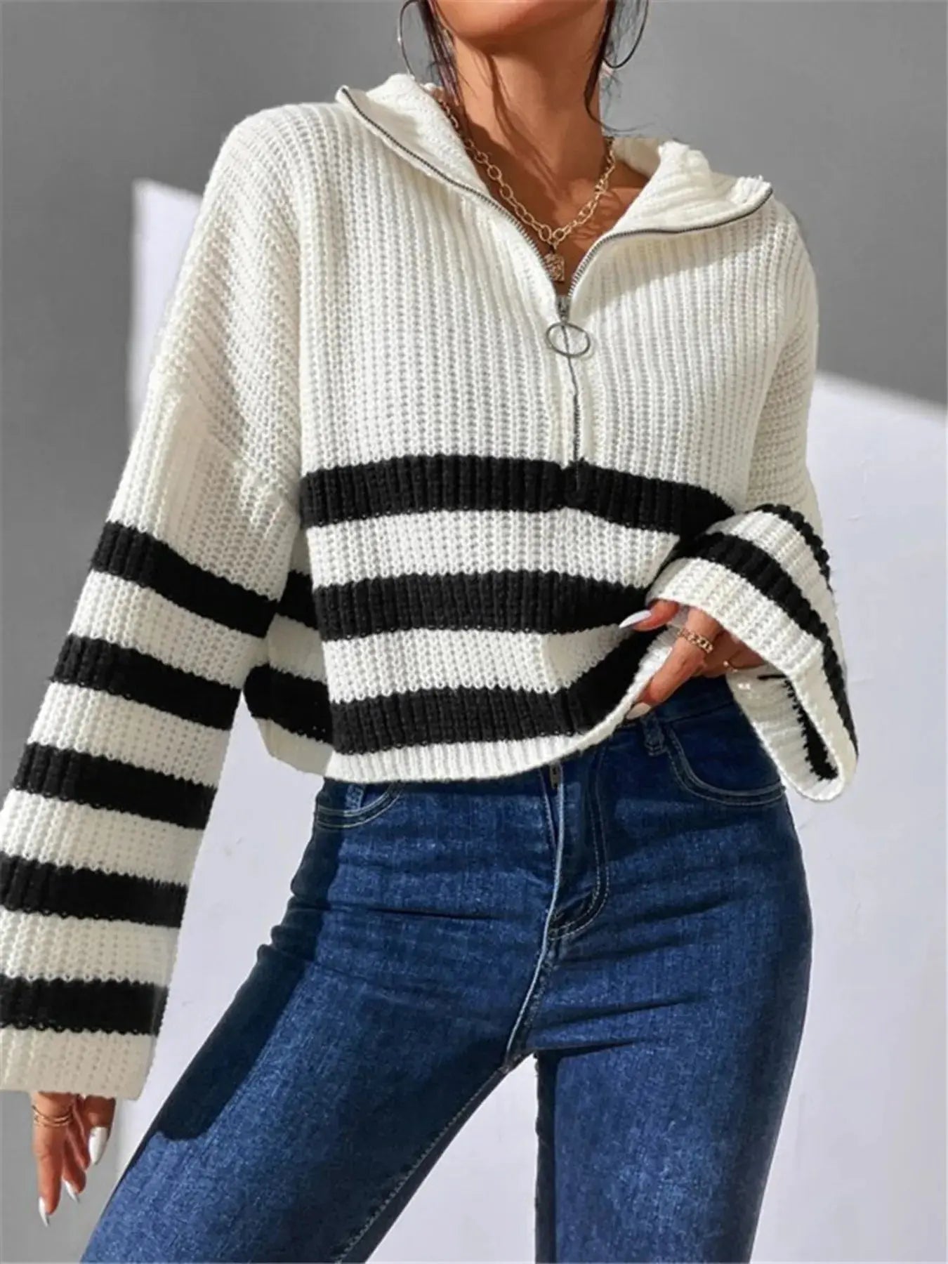 Striped Half Zip Cropped Sweater - Charmdeals