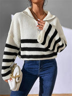 Striped Half Zip Cropped Sweater - Charmdeals