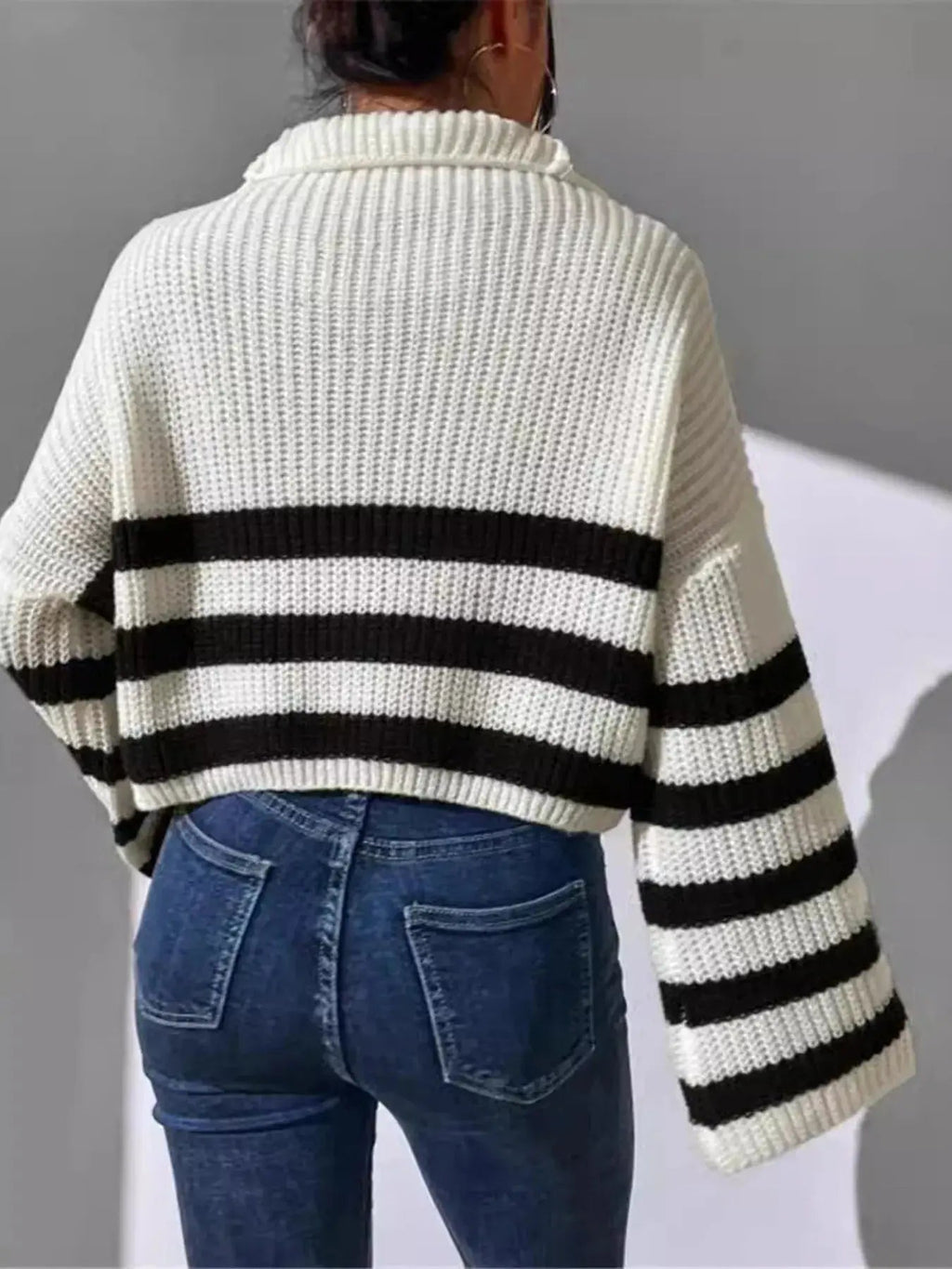 Striped Half Zip Cropped Sweater - Charmdeals