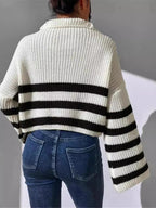 Striped Half Zip Cropped Sweater - Charmdeals