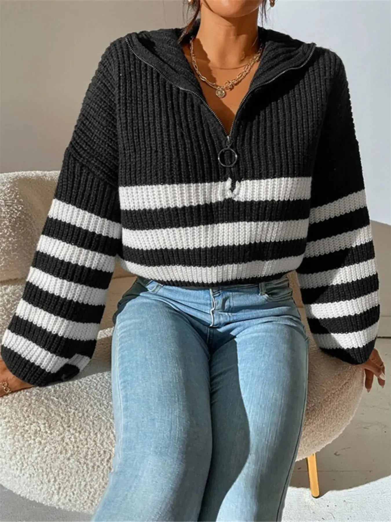Striped Half Zip Cropped Sweater - Charmdeals