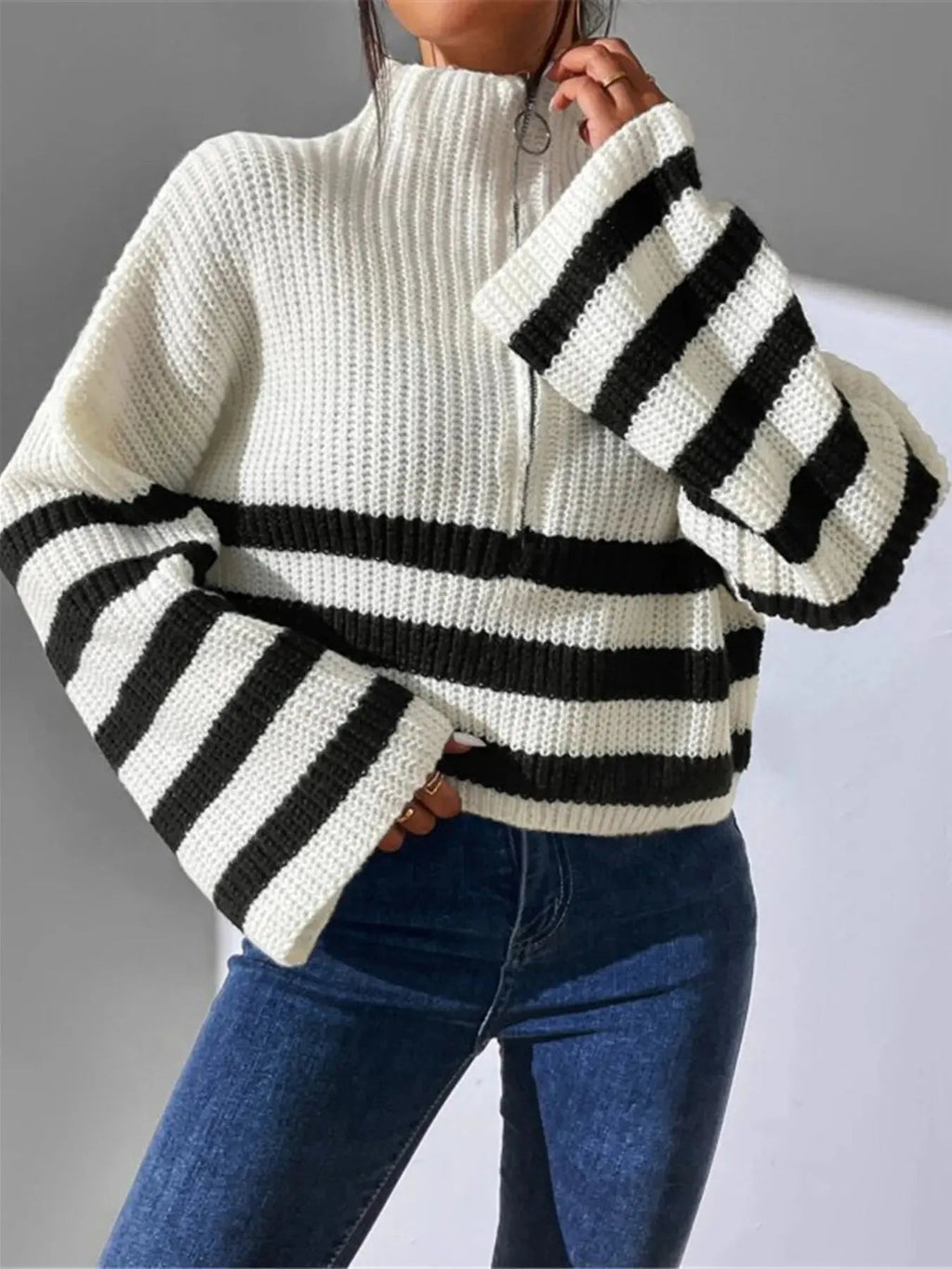 Striped Half Zip Cropped Sweater - Charmdeals