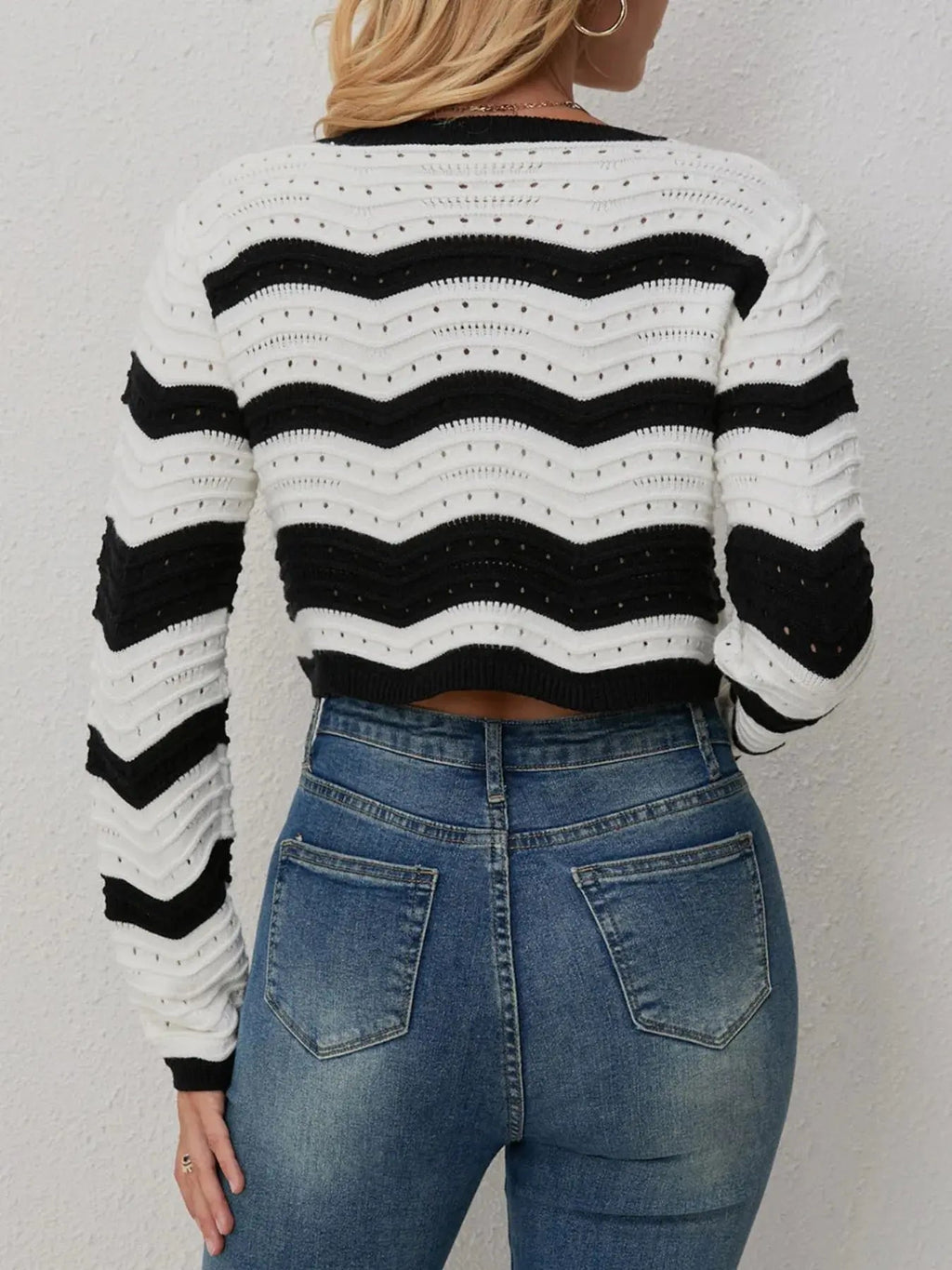 Striped Knit Button - Up Cropped Cardigan - Charmdeals