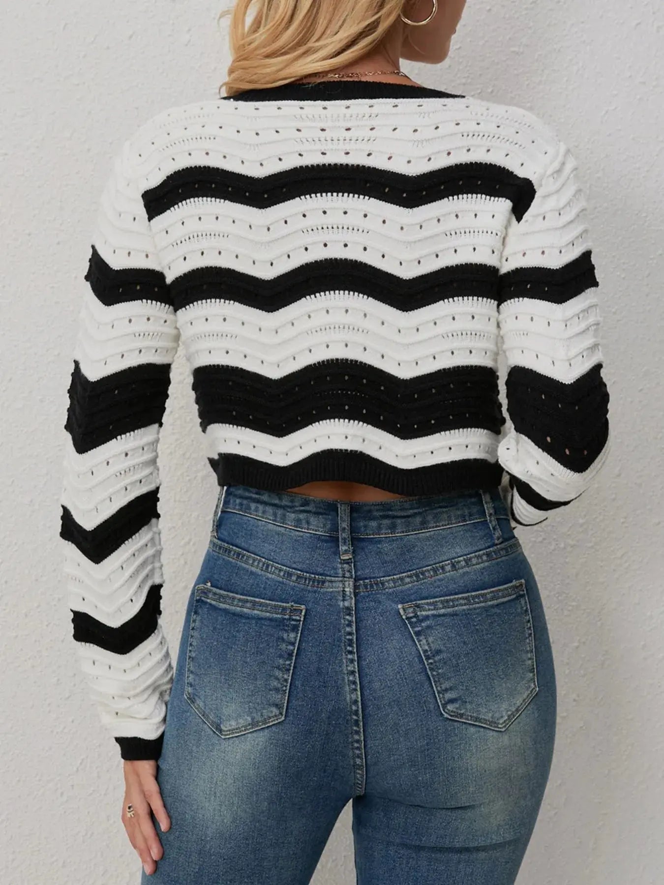 Striped Knit Button - Up Cropped Cardigan - Charmdeals