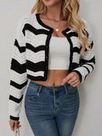Striped Knit Button - Up Cropped Cardigan - Charmdeals