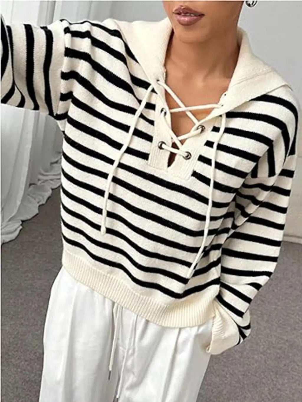 Striped Lace - Up Long Sleeve Sweater - Charmdeals