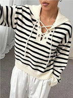 Striped Lace - Up Long Sleeve Sweater - Charmdeals