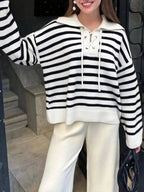Striped Lace - Up Long Sleeve Sweater - Charmdeals