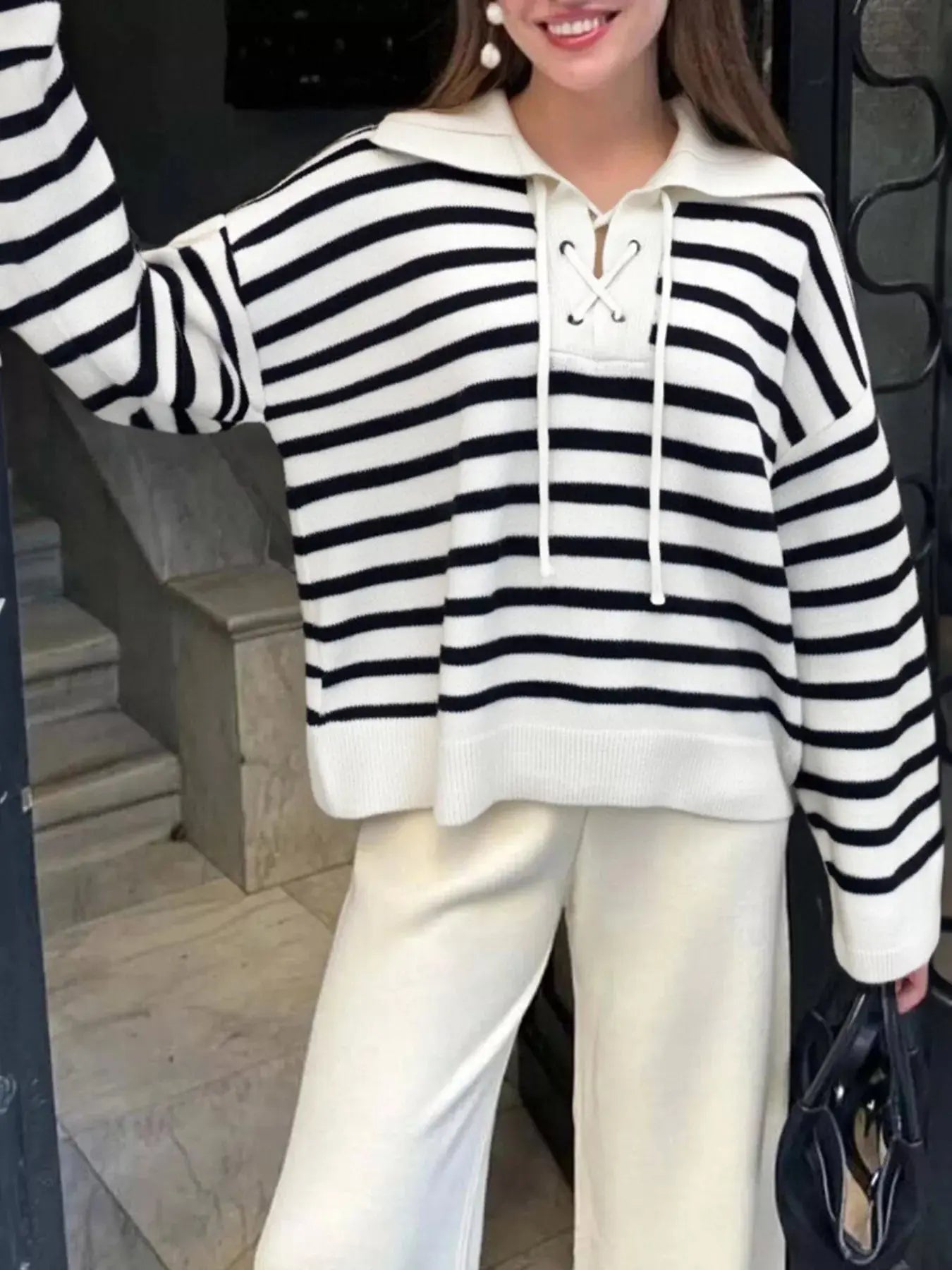 Striped Lace - Up Long Sleeve Sweater - Charmdeals