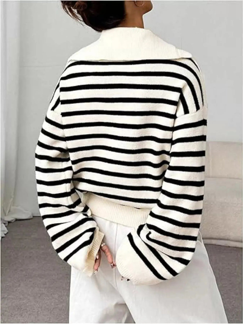 Striped Lace - Up Long Sleeve Sweater - Charmdeals