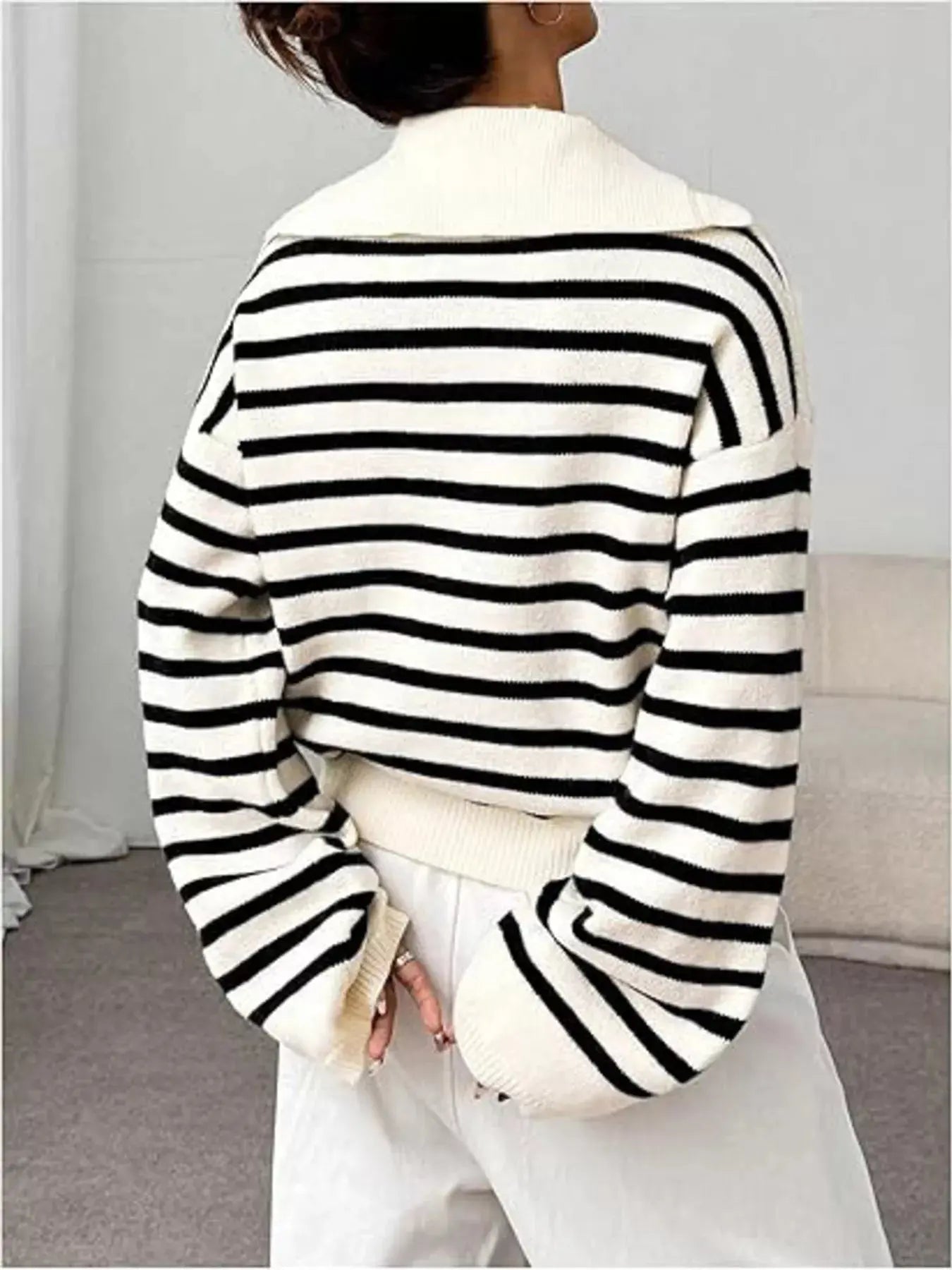 Striped Lace - Up Long Sleeve Sweater - Charmdeals