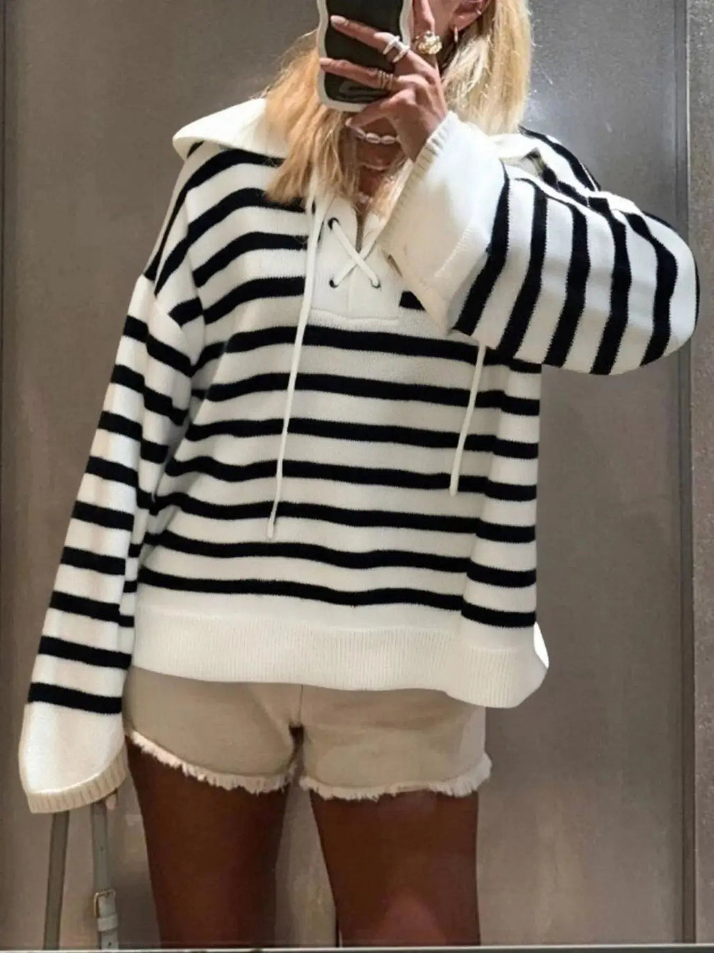 Striped Lace - Up Long Sleeve Sweater - Charmdeals