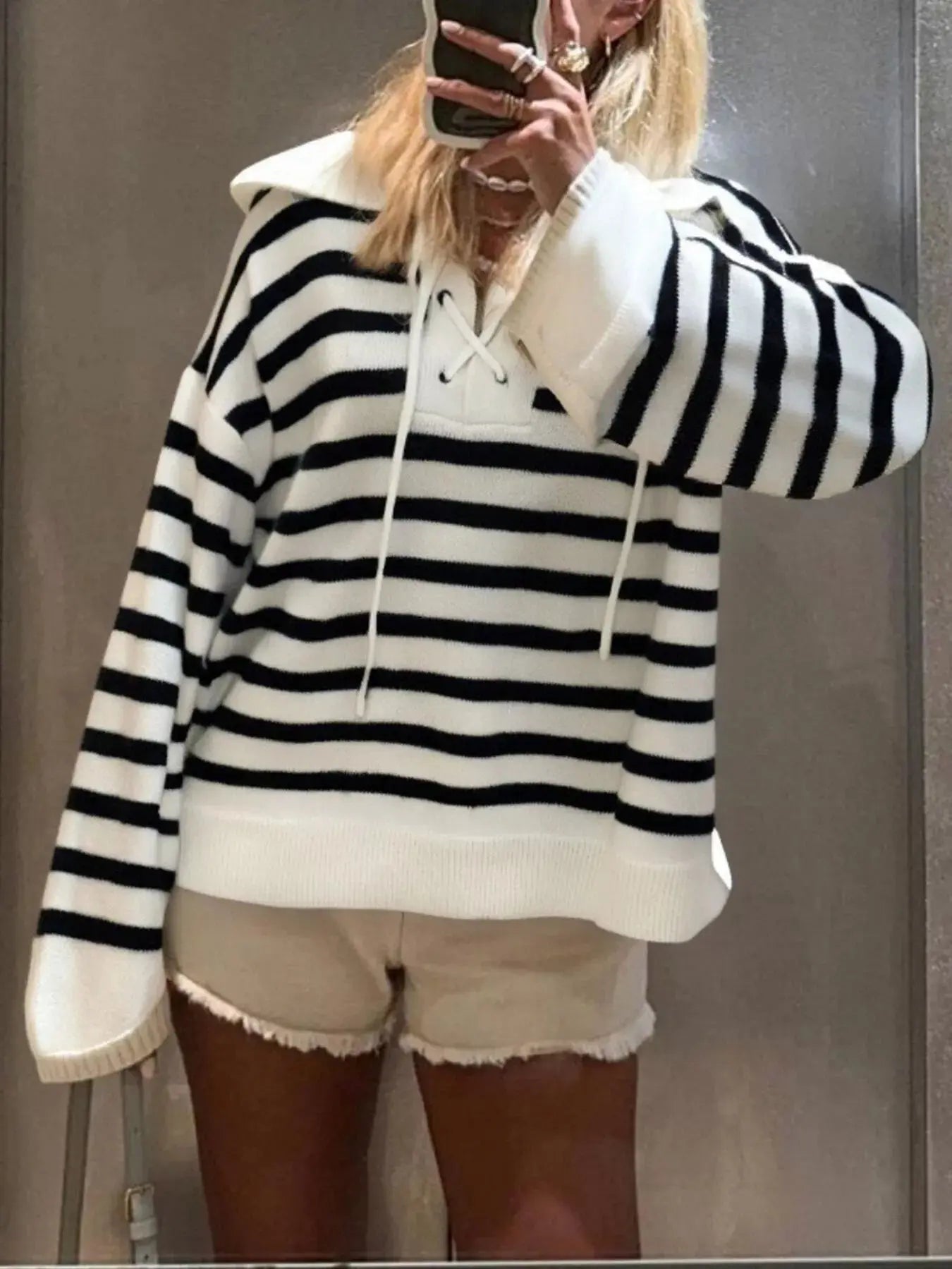 Striped Lace - Up Long Sleeve Sweater - Charmdeals