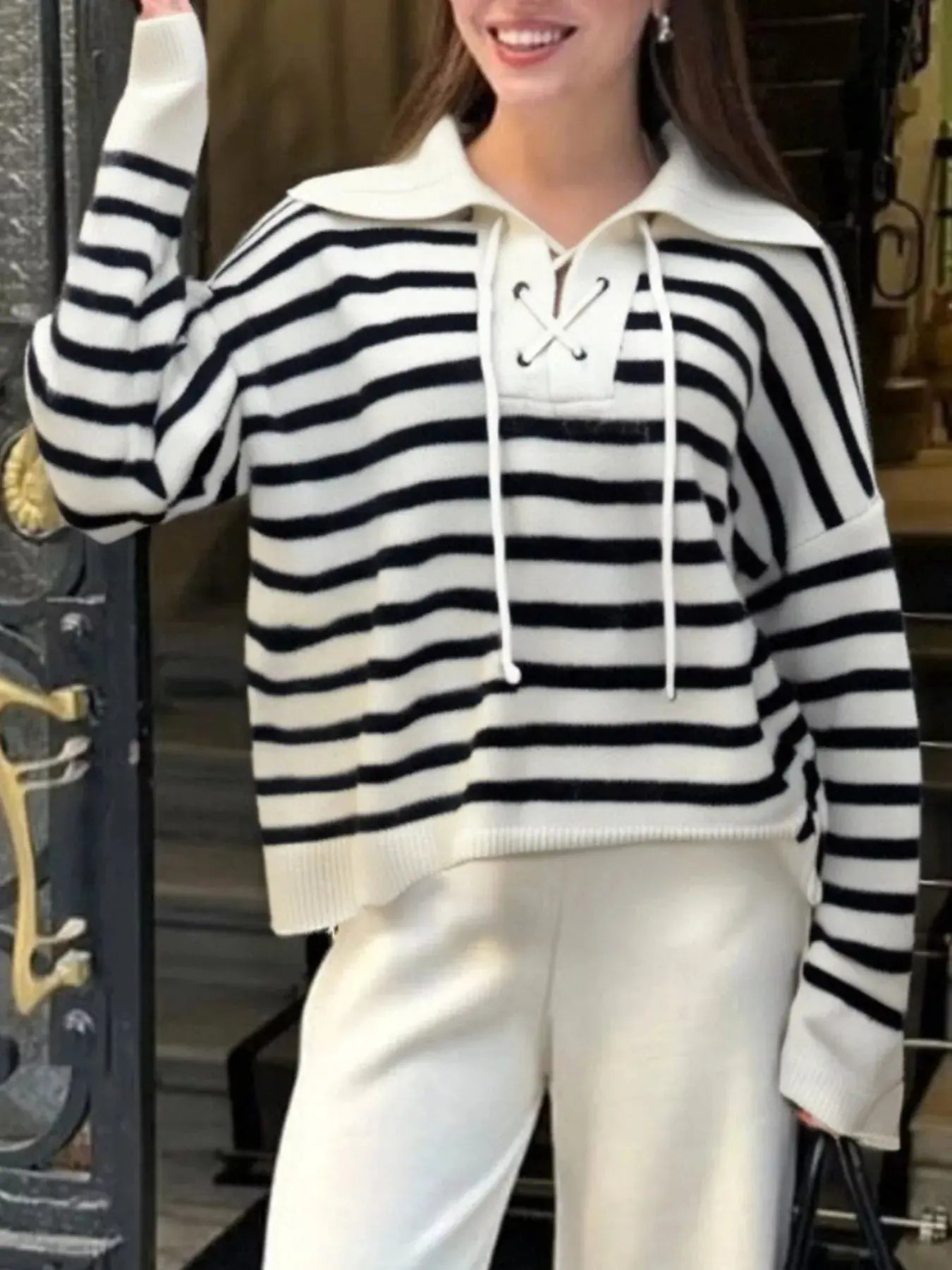 Striped Lace - Up Long Sleeve Sweater - Charmdeals