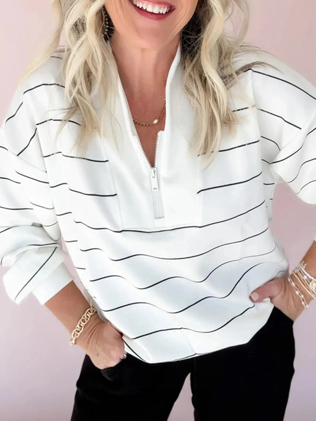 Striped Quarter Zip Sweatshirt with Relaxed Fit - Charmdeals