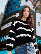 Striped Round Neck Dropped Shoulder Sweater - Charmdeals