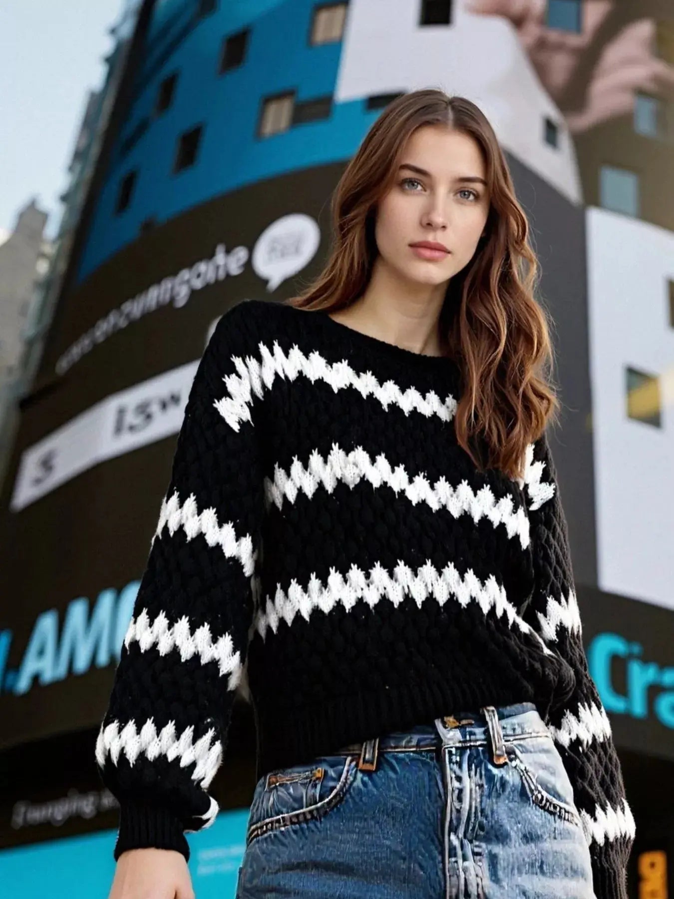 Striped Round Neck Dropped Shoulder Sweater - Charmdeals