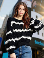 Striped Round Neck Dropped Shoulder Sweater - Charmdeals