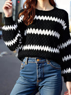 Striped Round Neck Dropped Shoulder Sweater - Charmdeals