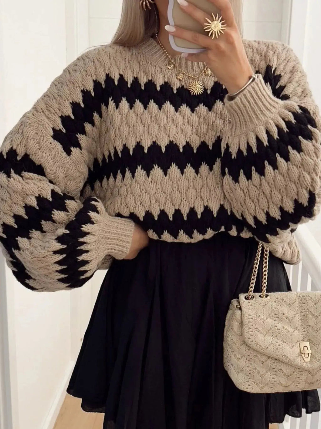 Striped Round Neck Dropped Shoulder Sweater - Charmdeals