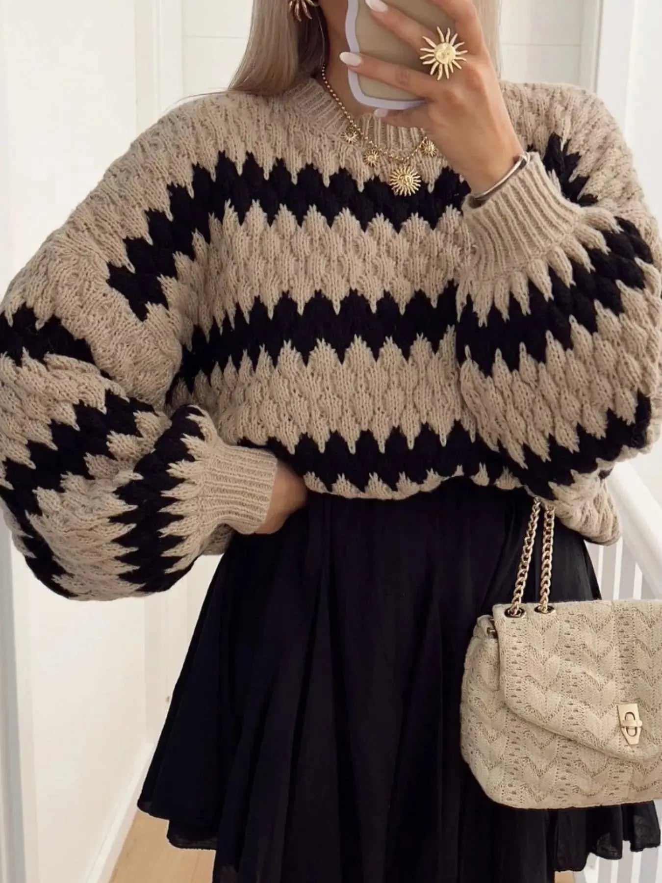 Striped Round Neck Dropped Shoulder Sweater - Charmdeals