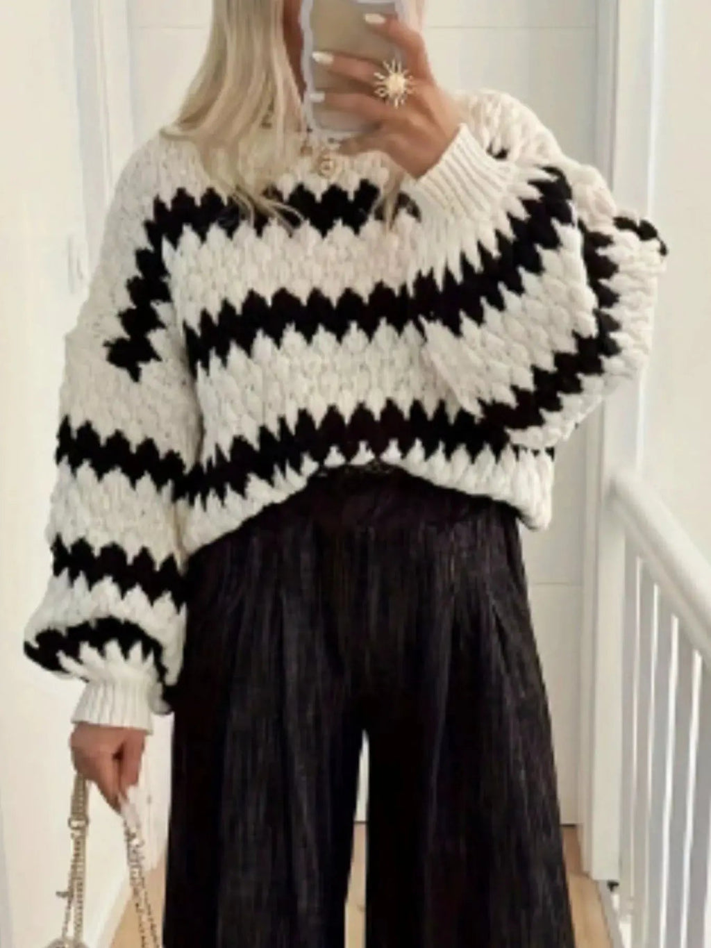 Striped Round Neck Dropped Shoulder Sweater - Charmdeals
