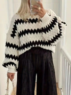 Striped Round Neck Dropped Shoulder Sweater - Charmdeals