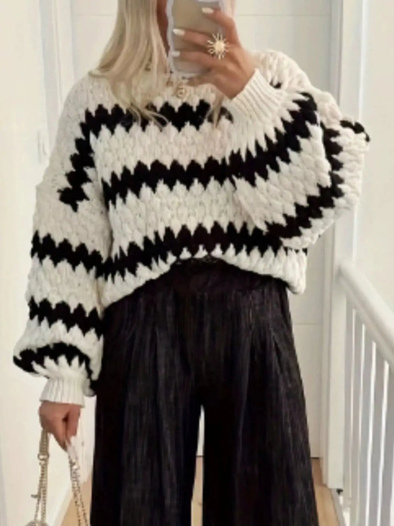 Striped Round Neck Dropped Shoulder Sweater - Charmdeals