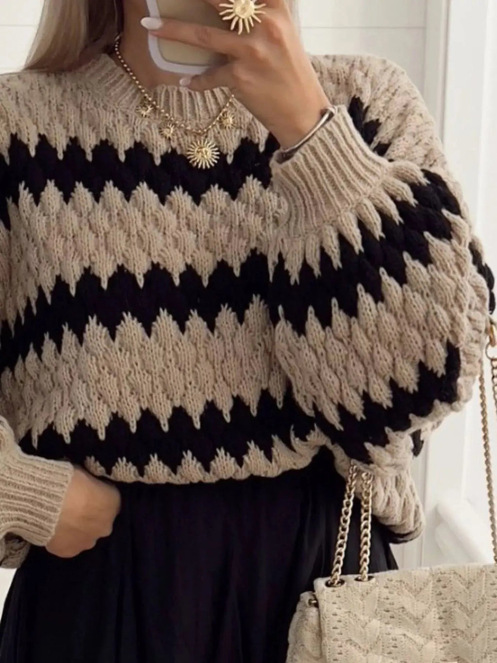 Striped Round Neck Dropped Shoulder Sweater - Charmdeals