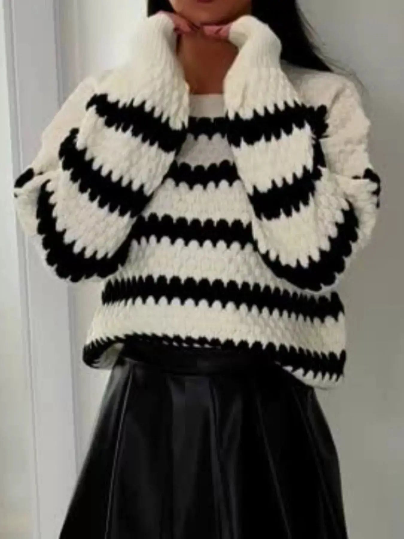 Striped Round Neck Dropped Shoulder Sweater - Charmdeals
