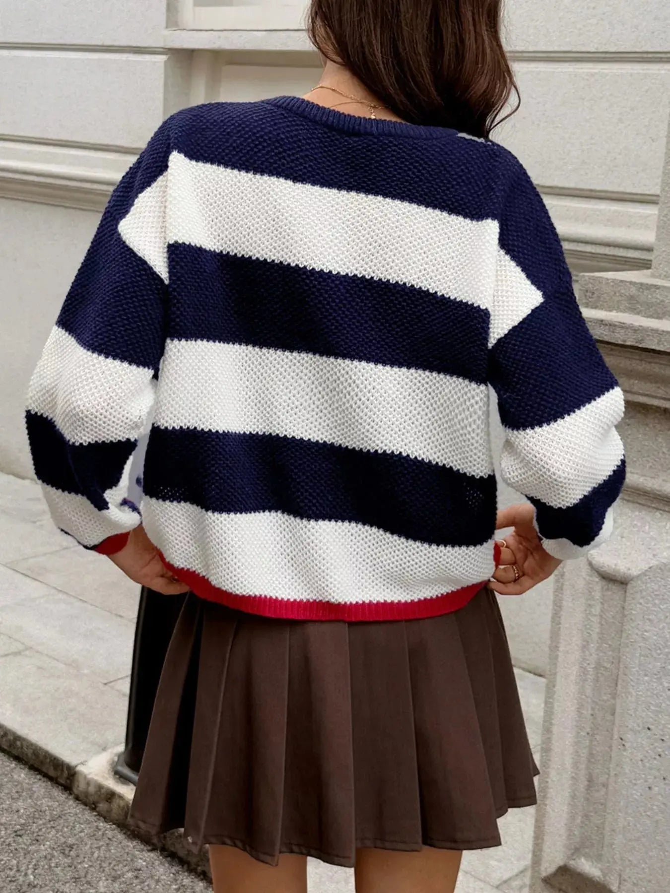 Striped Round Neck Sweater - Charmdeals