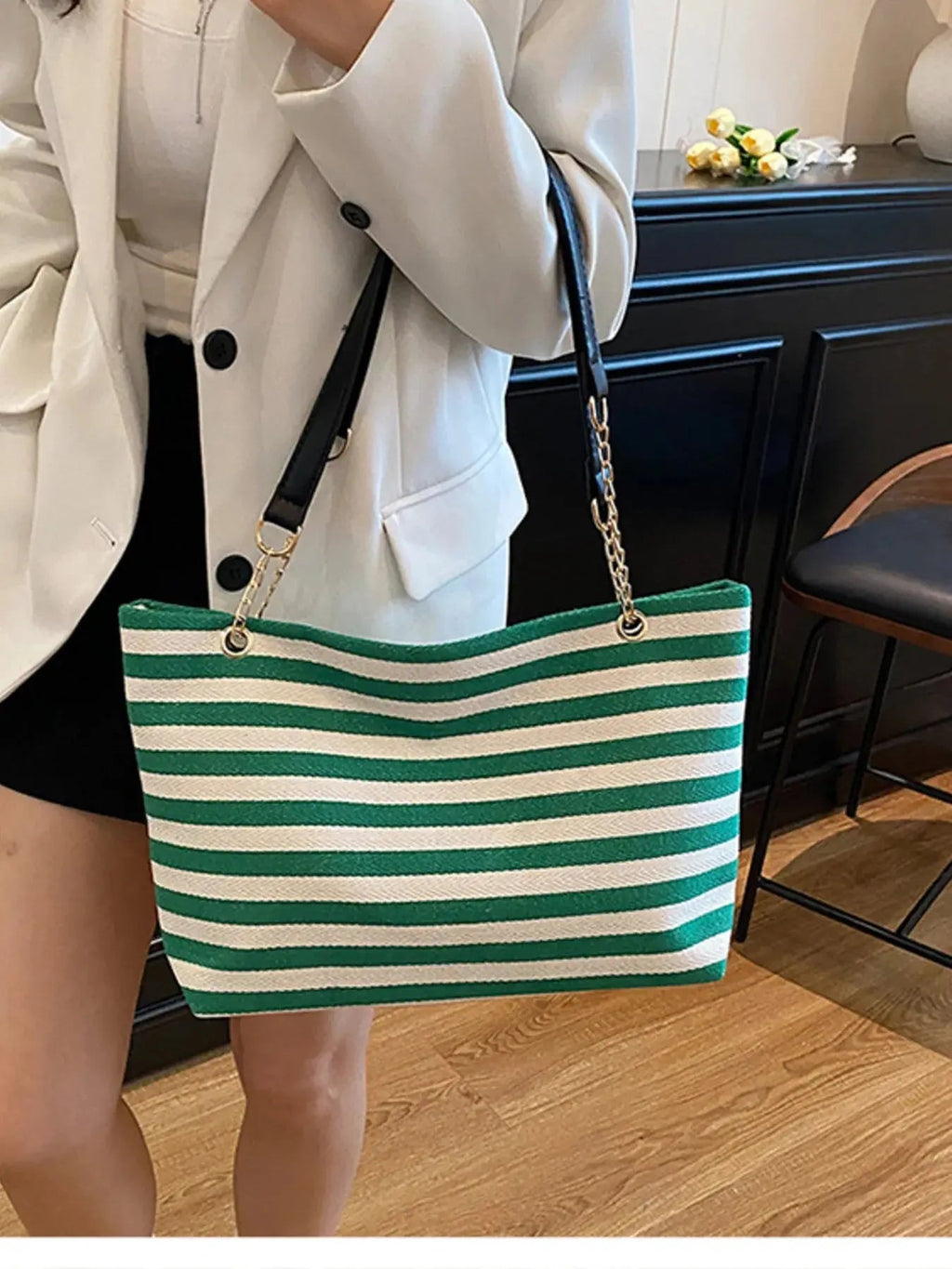 Striped Shoulder Bag with Chain Detail - Charmdeals