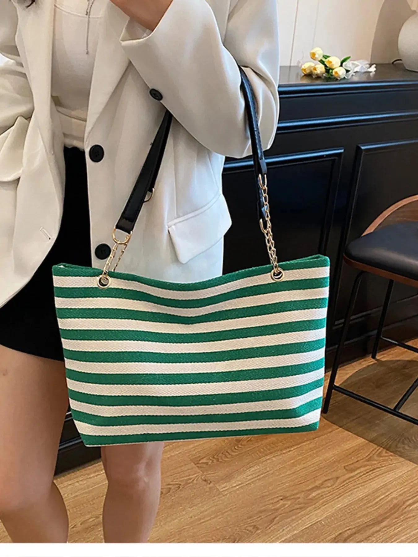 Striped Shoulder Bag with Chain Detail - Charmdeals