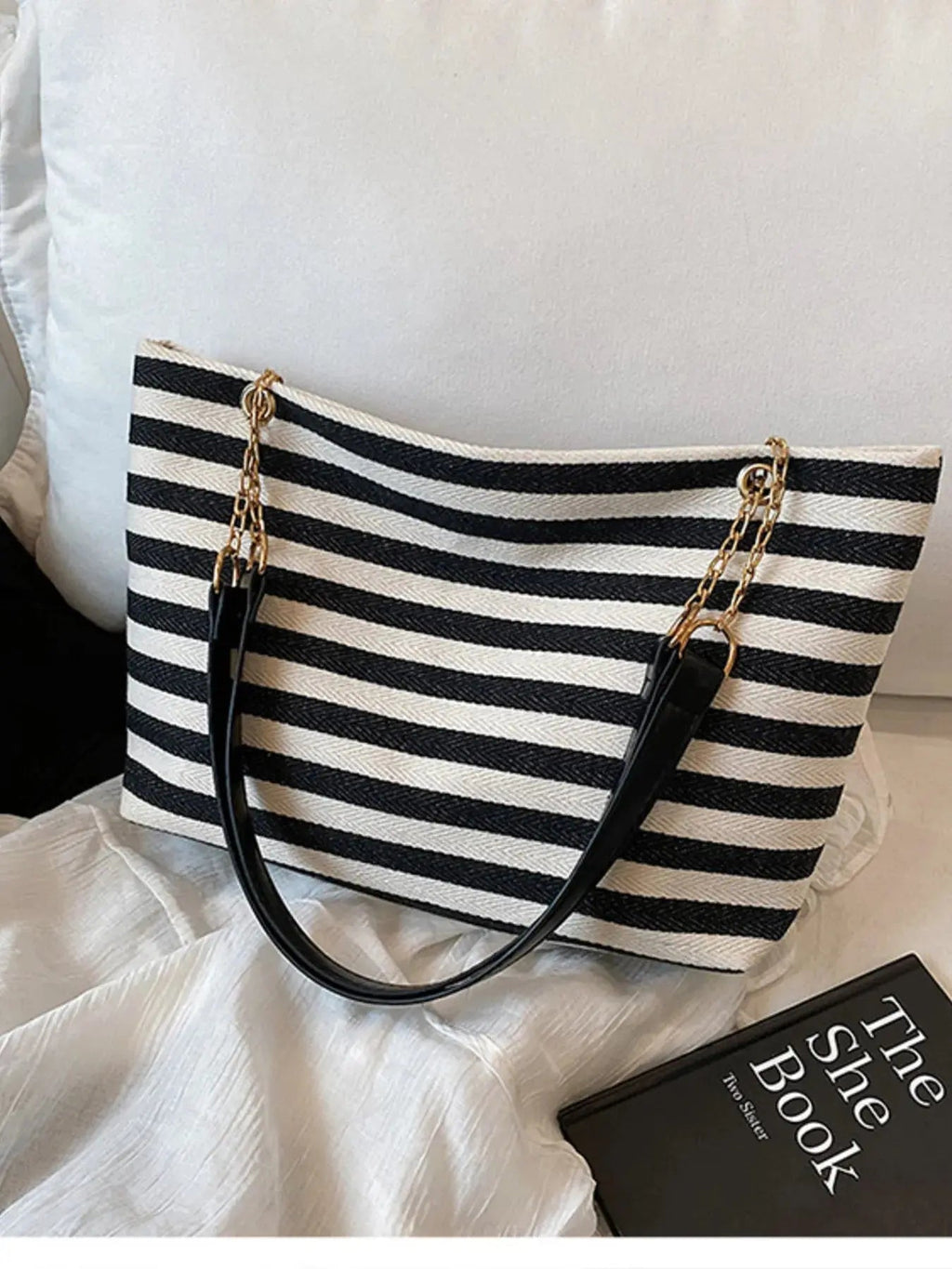 Striped Shoulder Bag with Chain Detail - Charmdeals