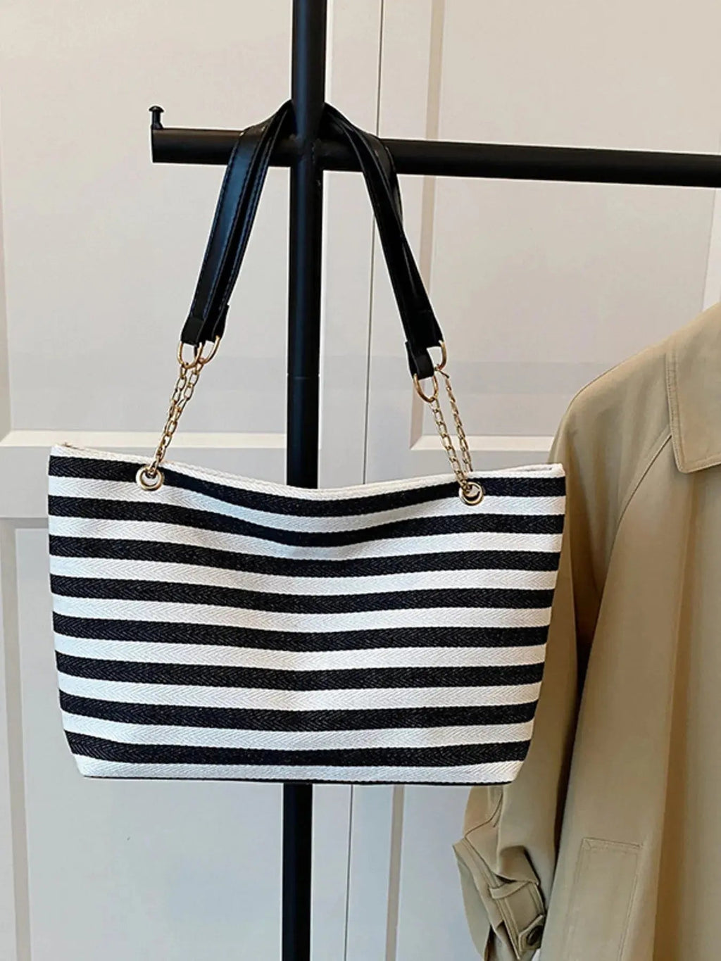 Striped Shoulder Bag with Chain Detail - Charmdeals