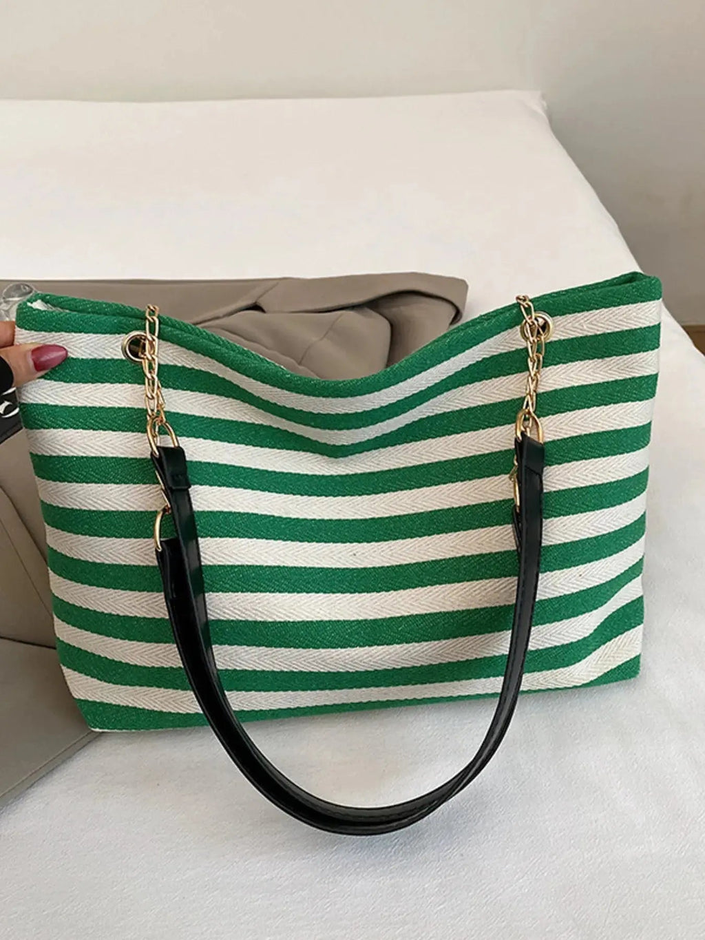 Striped Shoulder Bag with Chain Detail - Charmdeals